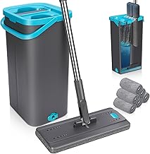 MASTERTOP Mop Mop with Draining Bucket, 360° Microfiber Flat Mop and Long Stainless Steel Handle with 6 Replaceable Pads – Suitable for Home and Office (Dark Grey)