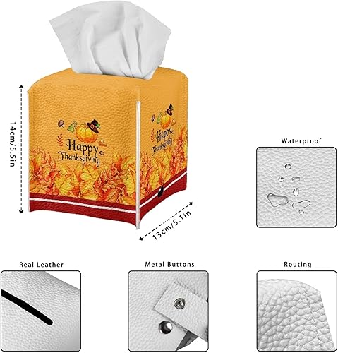 Miniatura 7 de Boatee Cubierta de caja de pañuelos, Feliz Acción de Gracias Naranja Cuadrado de Cuero PU Caja de Pañuelos, Estuche de pañuelos Moderno Organizador
