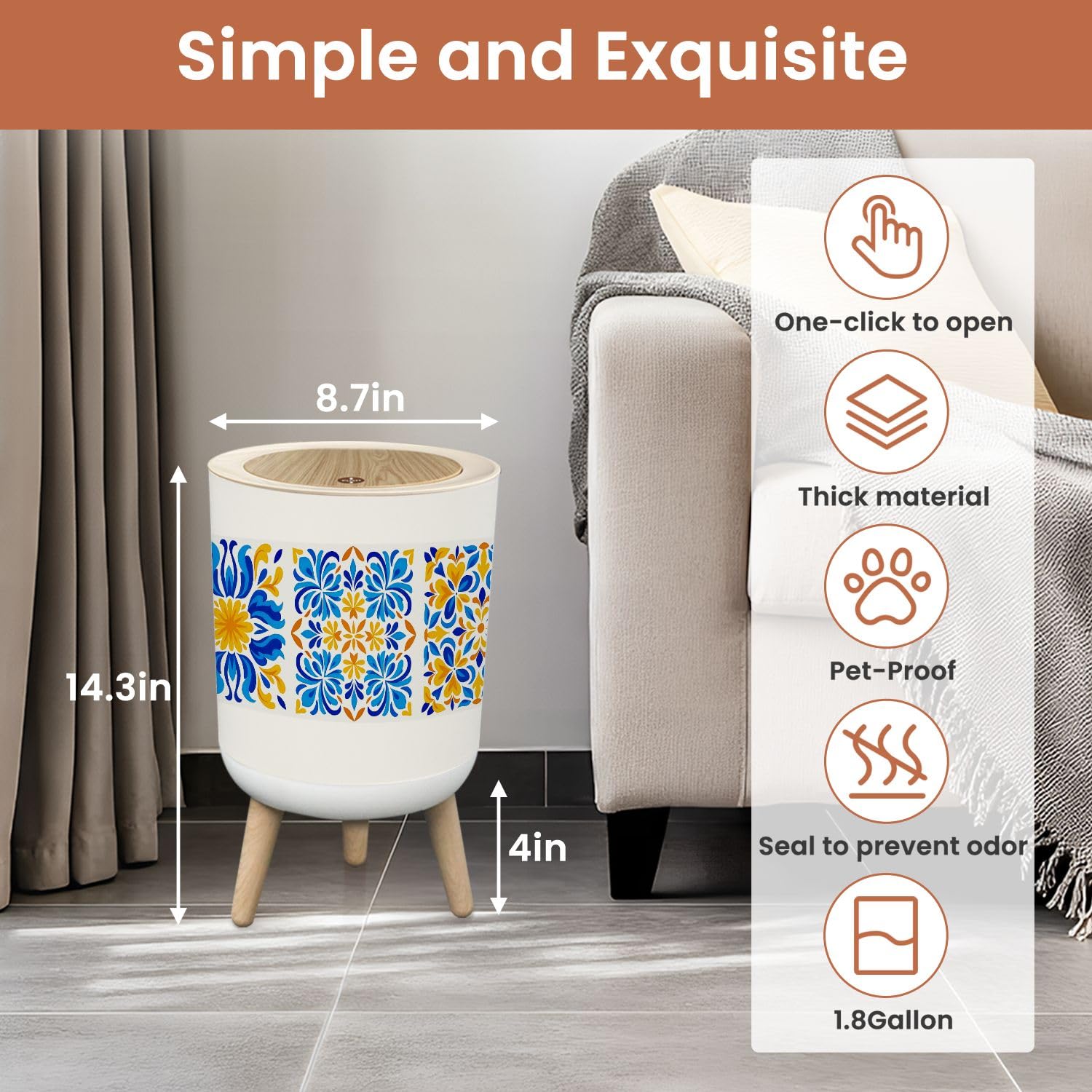 Bathroom Trash Can with Lid Italian Ceramic Tile Mediterranean Porcelain Pottery Ethnic Folk Garbage Bin Waste Basket for Kitchen Office Bedroom Decoration Diaper Pail 1.8 Gallon