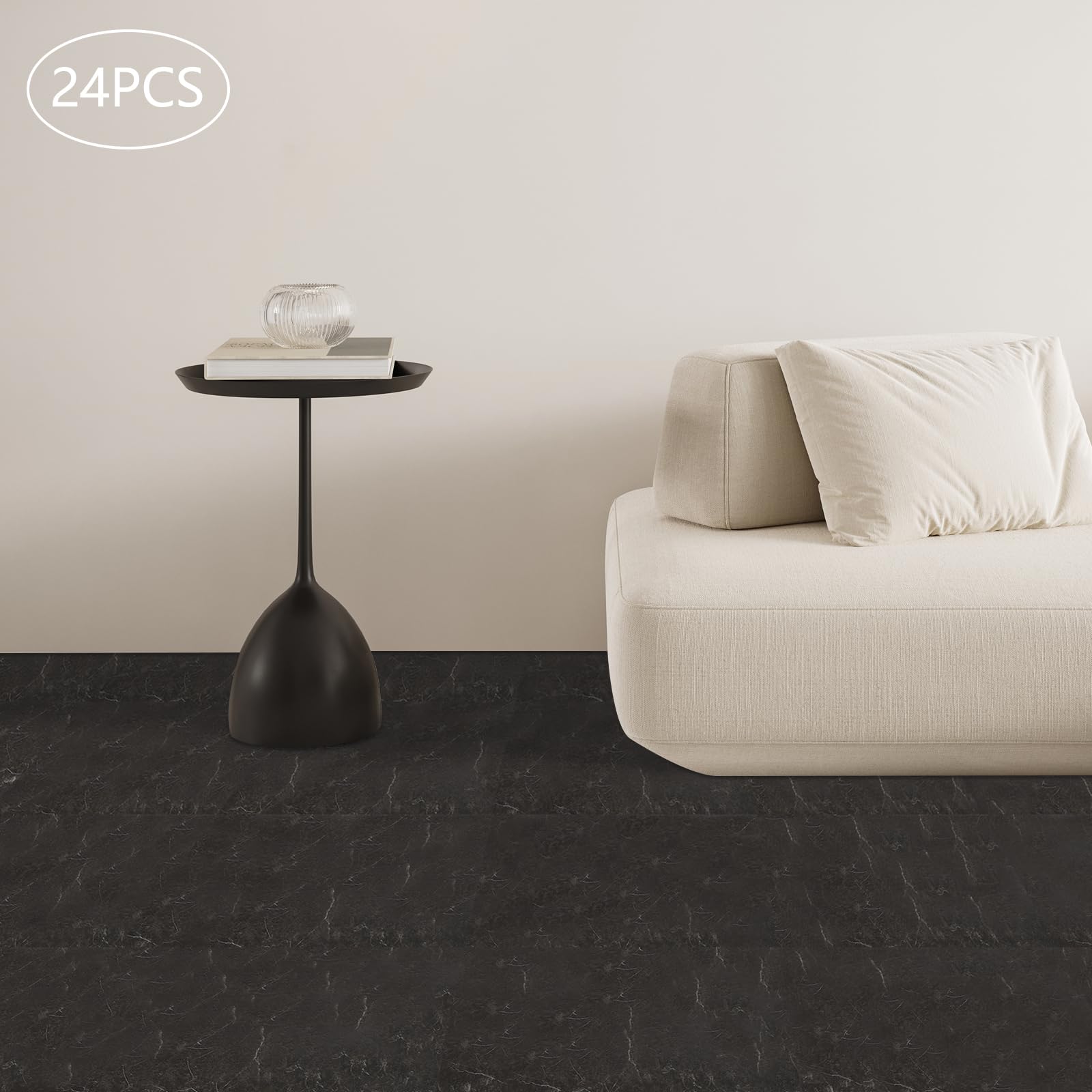 Revestimiento de suelo autoadhesivo, 24 unidades, color negro, vetas de piedra, baldosas de PVC, aspecto de azulejos, autoadhesivas, 60 x 30 cm