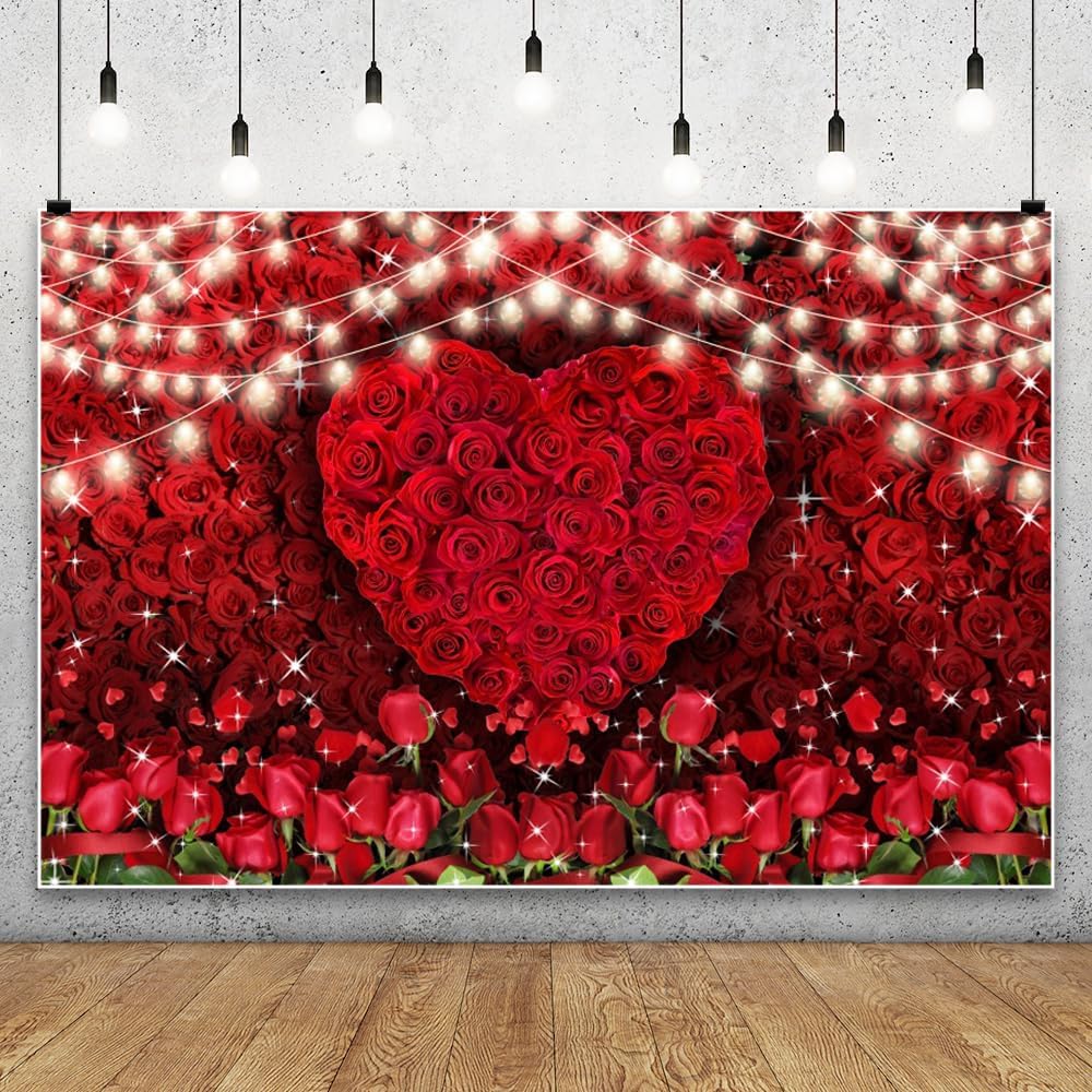12x8ft Red Rose Love Heart Backdrop Glitter Floral Wall Valentine's Day Photography Background for Wedding Bridal Mother's Day Birthday Photo Booth Studio Props