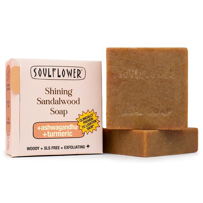 Soulflower Shining Sandalwood Soap For Daily Cleansing | Tan Removal & Skin Brightening Natural Bathing Bar For Hard Water With Ashwagandha, Tulsi, Neem & Shea Butter | Controls Acne & Pimples | 100g