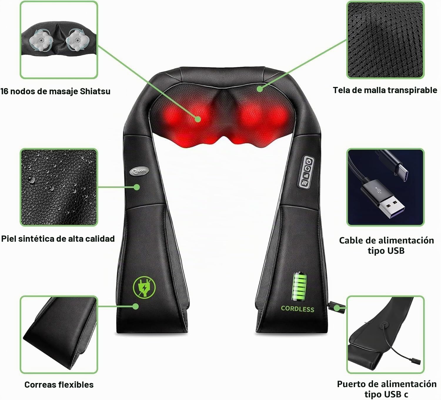 Cotsoco Masajeador Cervical y Espalda con Calor Relajante,Masajeador de Cuello y Hombros Inalambrico,Shiatsu Eléctrico 3D con 16 Nodos, para Casa Oficina y Coche,Negro