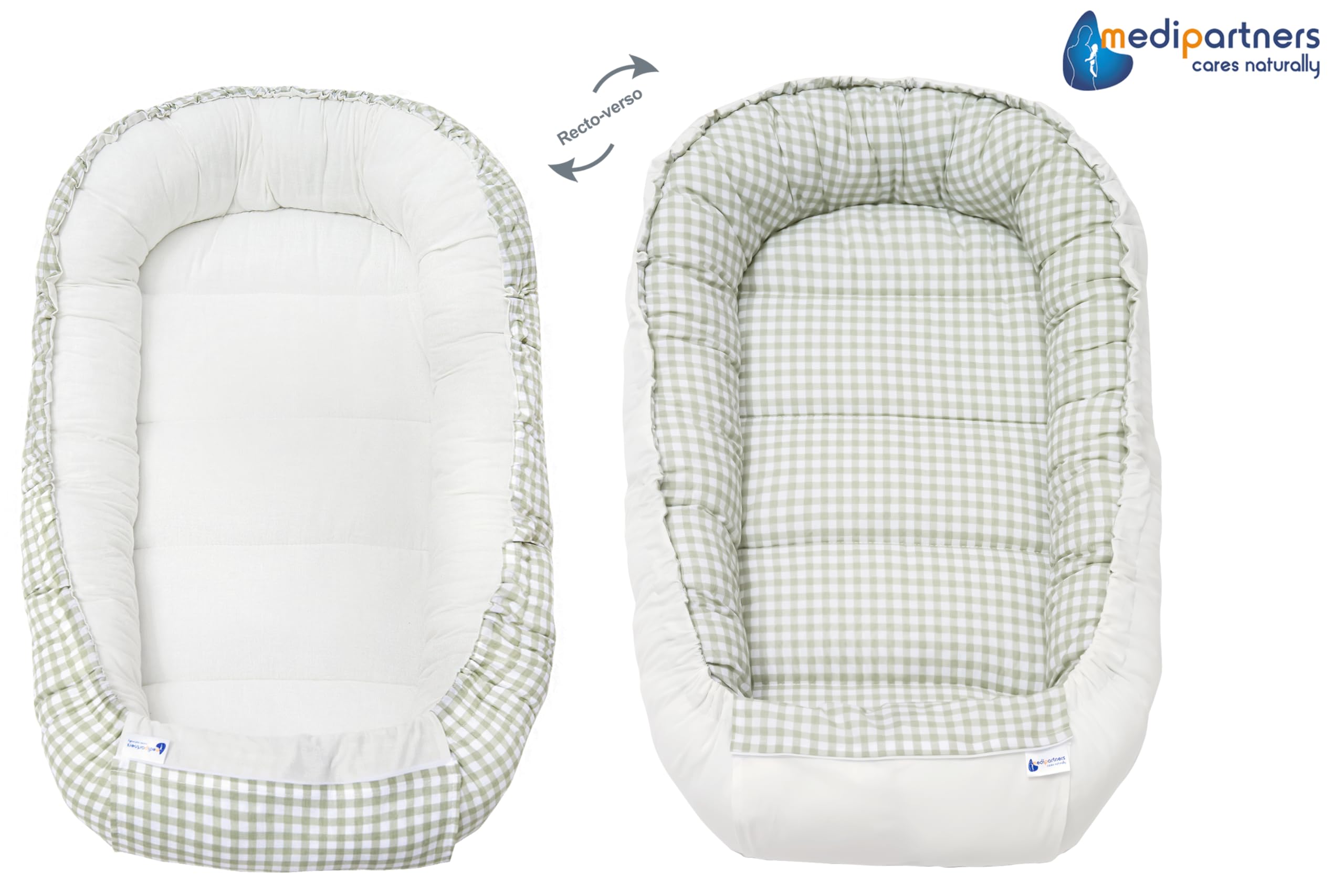 Medi Partners Reducteur de Lit Bebe - Réducteur Bébé 100x60x15cm 5 éléments Cocon et Naissance Nid d'ange bilatéral Cale 100% Coton Minky (Grille avec Olive Minky)