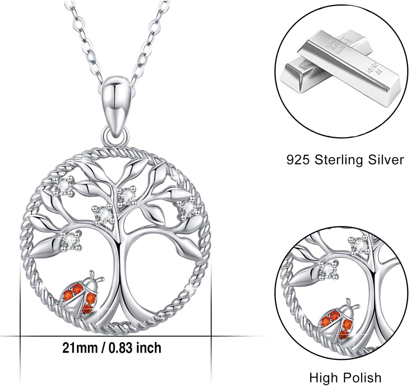 Tree of Life Necklace Pendant Ladybug/Unicorn/Llama Necklace 925 Sterling Silver Cute Animal Jewelry Gifts for Women Daughter - Image 5