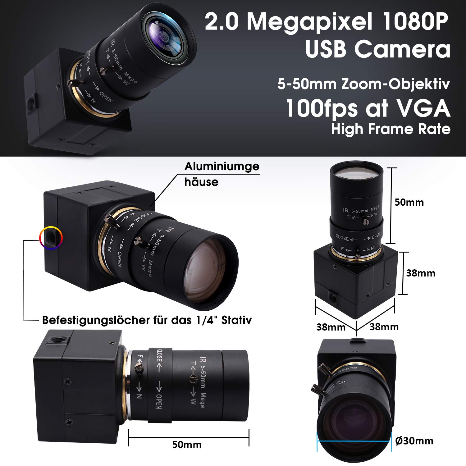 Svpro USB Web Camera 5-50mm Zoom manuale Varifocal Telecamera 2MP MJPEG 120 fps 640× 480,60 fps a 1280 × 720,30 fps a 1920 × 1080 Mini scatola Cmos Usb Camera HD 1080P
