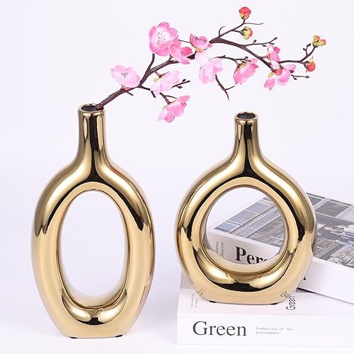 Miniatura 3 de Juego de 2 jarrones de cerámica dorados para decoración del hogar, jarrones dorados brillantes para centros de mesa dorados para mesa de boda, mesa
