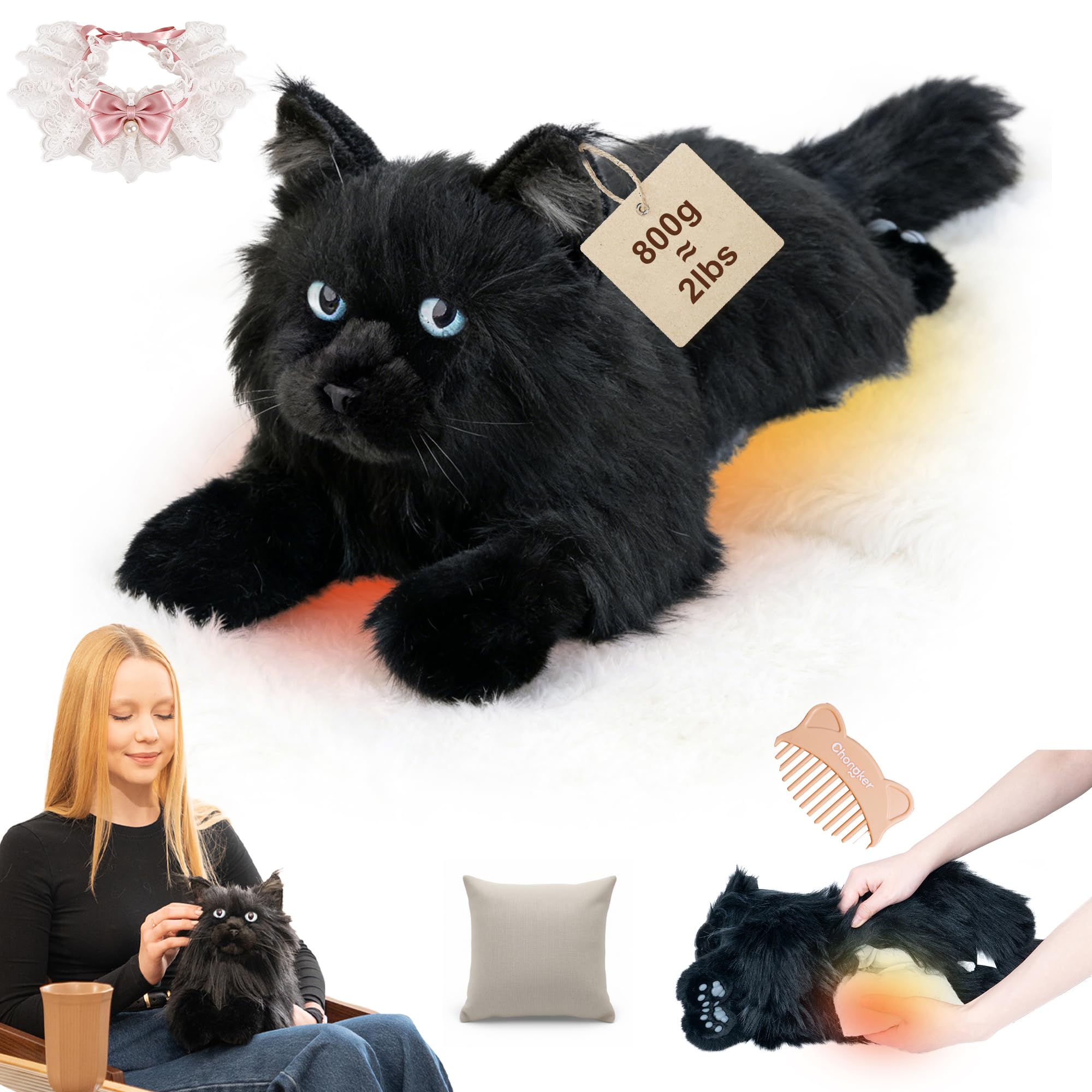 Chongker Heizbar & Kühlbar Gewichteter Plüschtier mit Mikrowellen-Wärmekissen, 1kg Gewichtetes Katzenplüschkatze Stofftier, Geruchsneutralem für Mädchen und Kinder (21 Zoll) (Black)