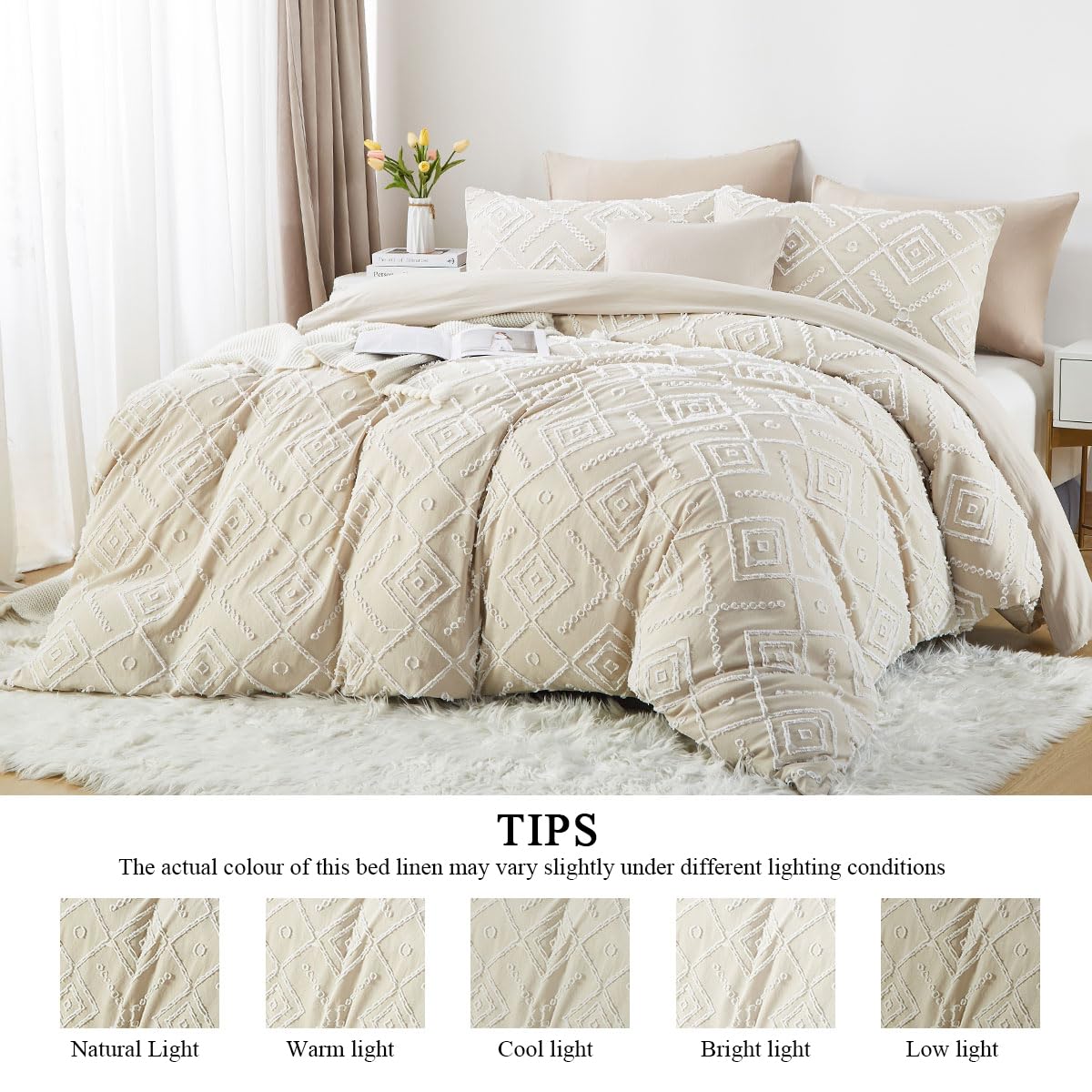 Lanqinglv Duvet Cover Set Double Beige Tufted Boho Bedding Duvet Covers 3 Pieces,Embroidery Shabby Chic Geo Duvet Cover with Zipper Closure and 2 Pillowcases 50x75cm - Image 4