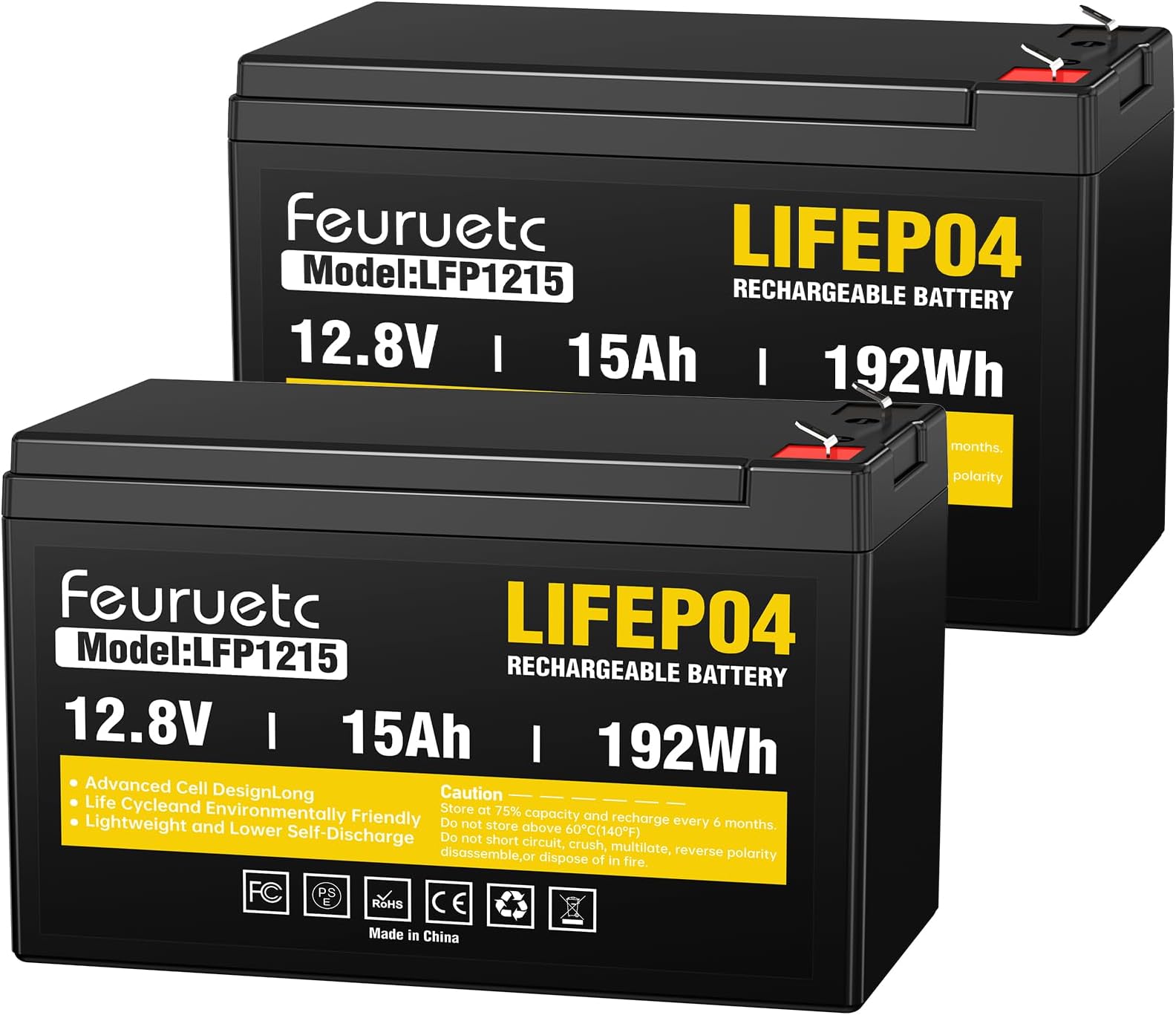 12V 15Ah Deep Cycle LiFePO4 Battery(2 Pack), 3000+ Cycles, Maintenance-Free Battery for Fish Finder, Scooter, Security System, Solar System, UPS etc Rechargeable Lithium Iron Phosphate