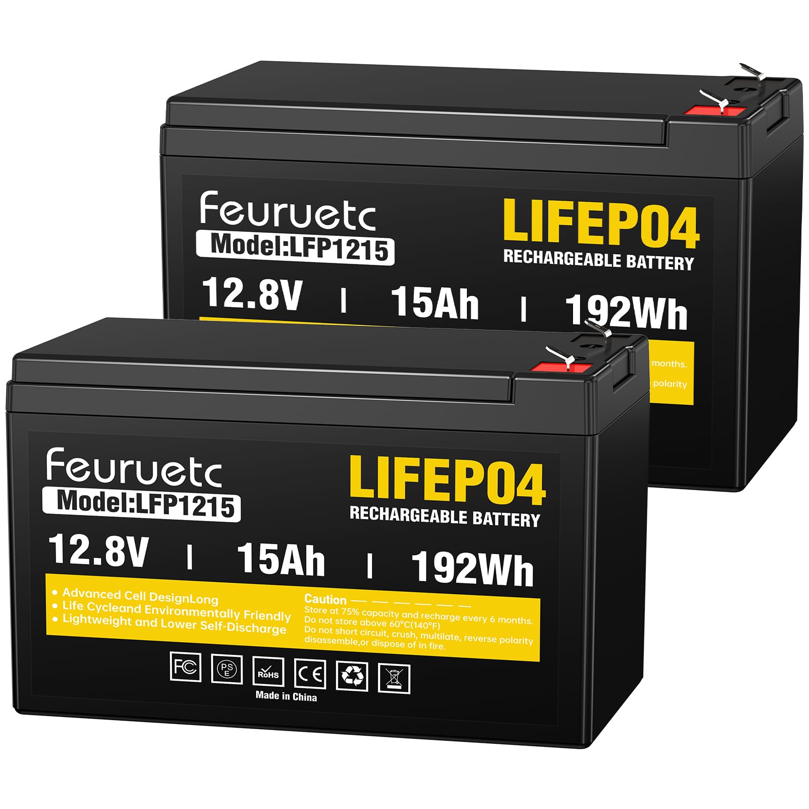 12V 15Ah Deep Cycle LiFePO4 Battery(2 Pack), 3000+ Cycles, Maintenance-Free Battery for Fish Finder, Scooter, Security System, Solar System, UPS etc Rechargeable Lithium Iron Phosphate