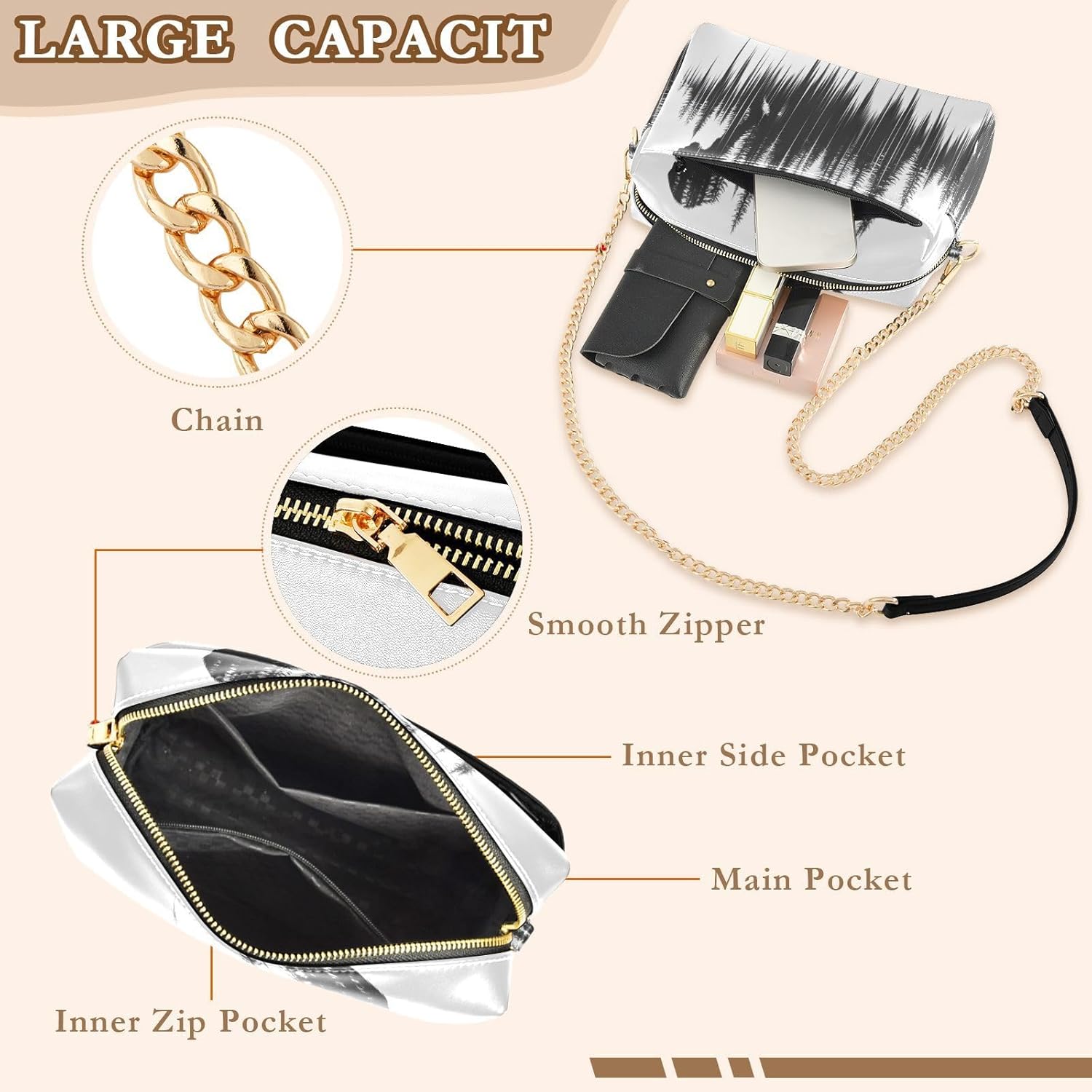 Women Crossbody Bag Shoulder Handbag Cellphone Purse PU Leather Metal Chain Strap Water Resistant Zipper Closure Sasquatch Surreal Print