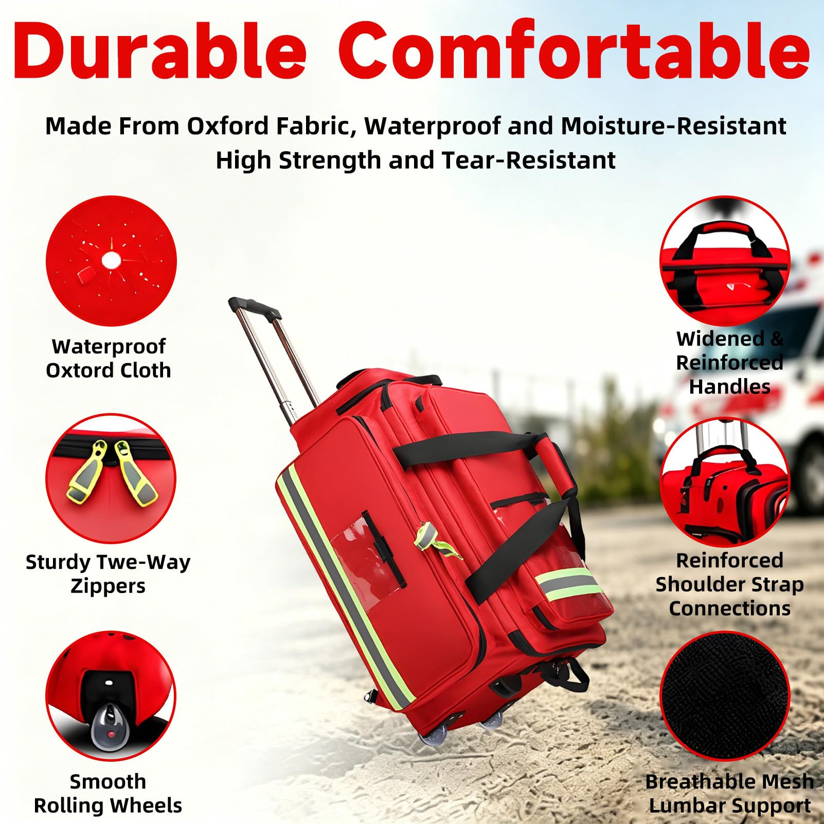 Mochila médica de Emergencia con Ruedas, Bolsa de Trauma de Gran Capacidad para Personal de Respuesta, con Elementos Reflectantes, para Instrumentos, Dispositivos y Accesorios médicos. Red