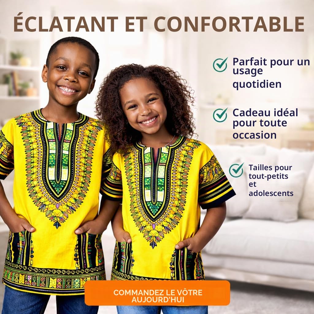 Dashiki Chemise africaine pour enfants au design traditionnel, vêtements authentiques pour enfants motifs ethniques et imprimé africain garçon fille