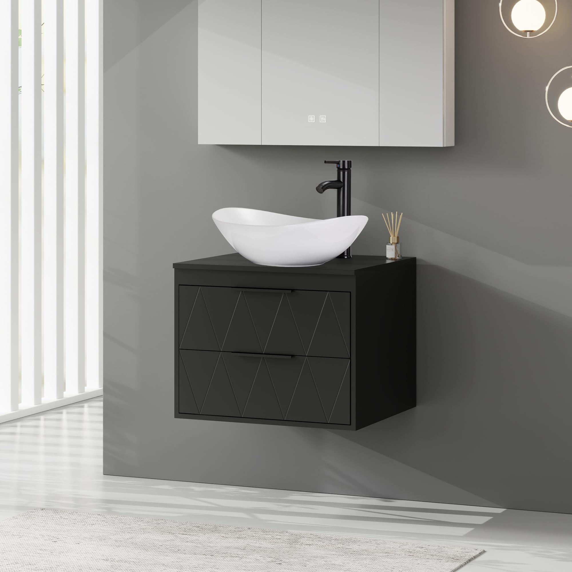 eclife 24" Floating Bathroom Vanities with Sink Combo, Wall Mounted Modern Cabinet W/Diamond Line Pattern Design, White Boat Ceramic Vessel Sink W/