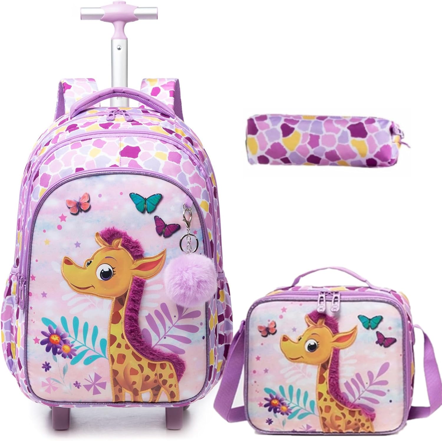 Girls Rolling Backpack for School Kids Wheeled Bookbag Set with Lunch Box Primary School Carry On Luggage with Wheels for Elementary Students Cute Daypack for Travel (12816T-3)
