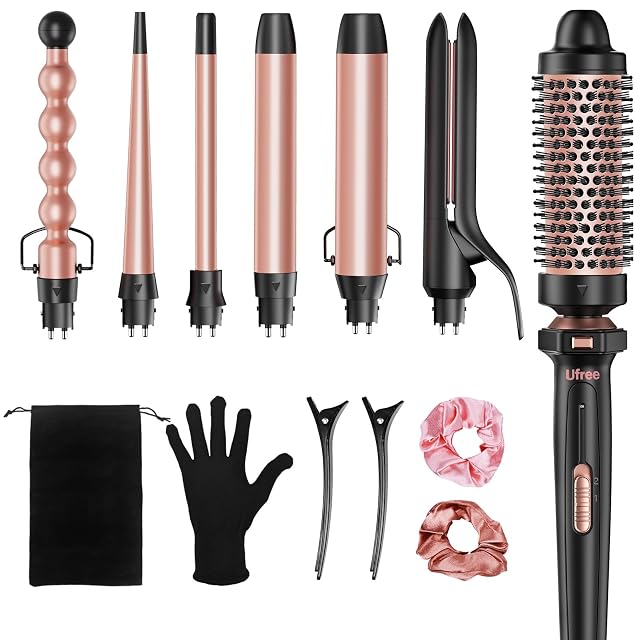 Ufree 7-in-1 Curling Iron Set with Interchangeable Ceramic Barrels Curling Wand Set with Thermal Brush Hair Straightener and