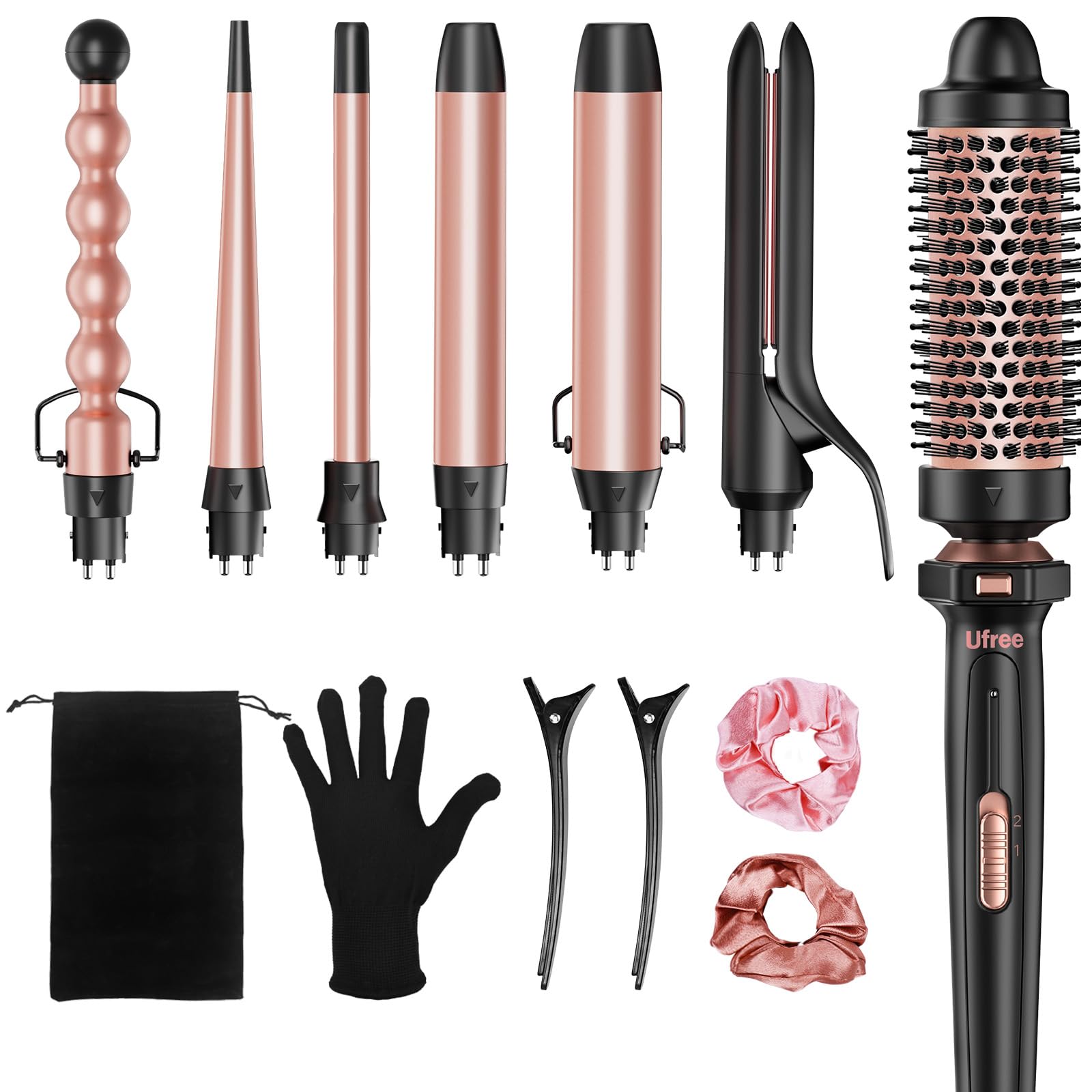 Ufree 7-in-1 Curling Iron Set with Interchangeable Ceramic Barrels, Curling Wand Set with Thermal Brush, Hair Straightener and Wand Curling Iron,