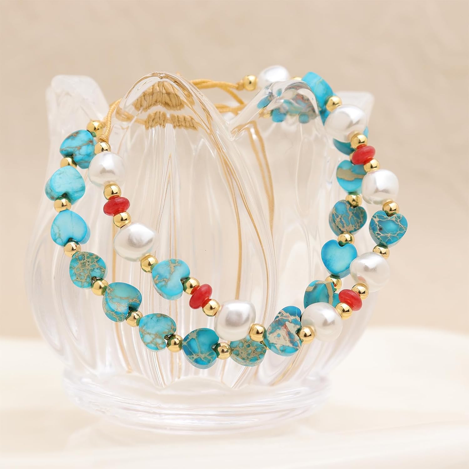 Valentines Day Boho Turquoise Heart Beads Pearl Stack Bracelets Set for Women, 2Pcs Handmade Dainty Gemstone Gold Adjustable Stackable Friendship Strand Bracelets Prom Jewelry Gifts. - Image 4