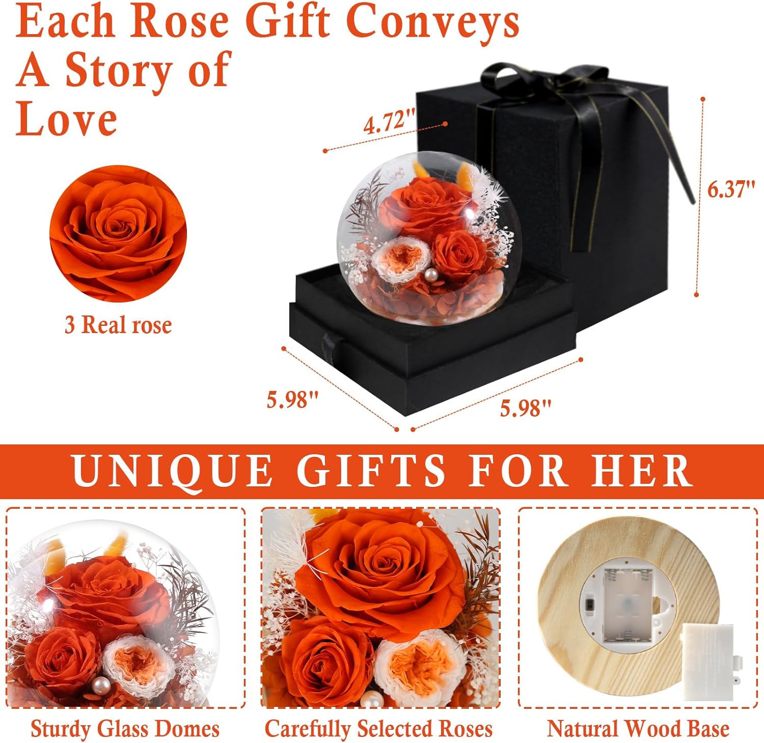 FIACO Preserved Rose Birthday Gift for Women Forever Fresh Flowers for Prime Delivery Gift for Mom Grandma Wife Valentines Mothers Day Christmas Anniversary Eternal Roses in Glass Dome - Image 4