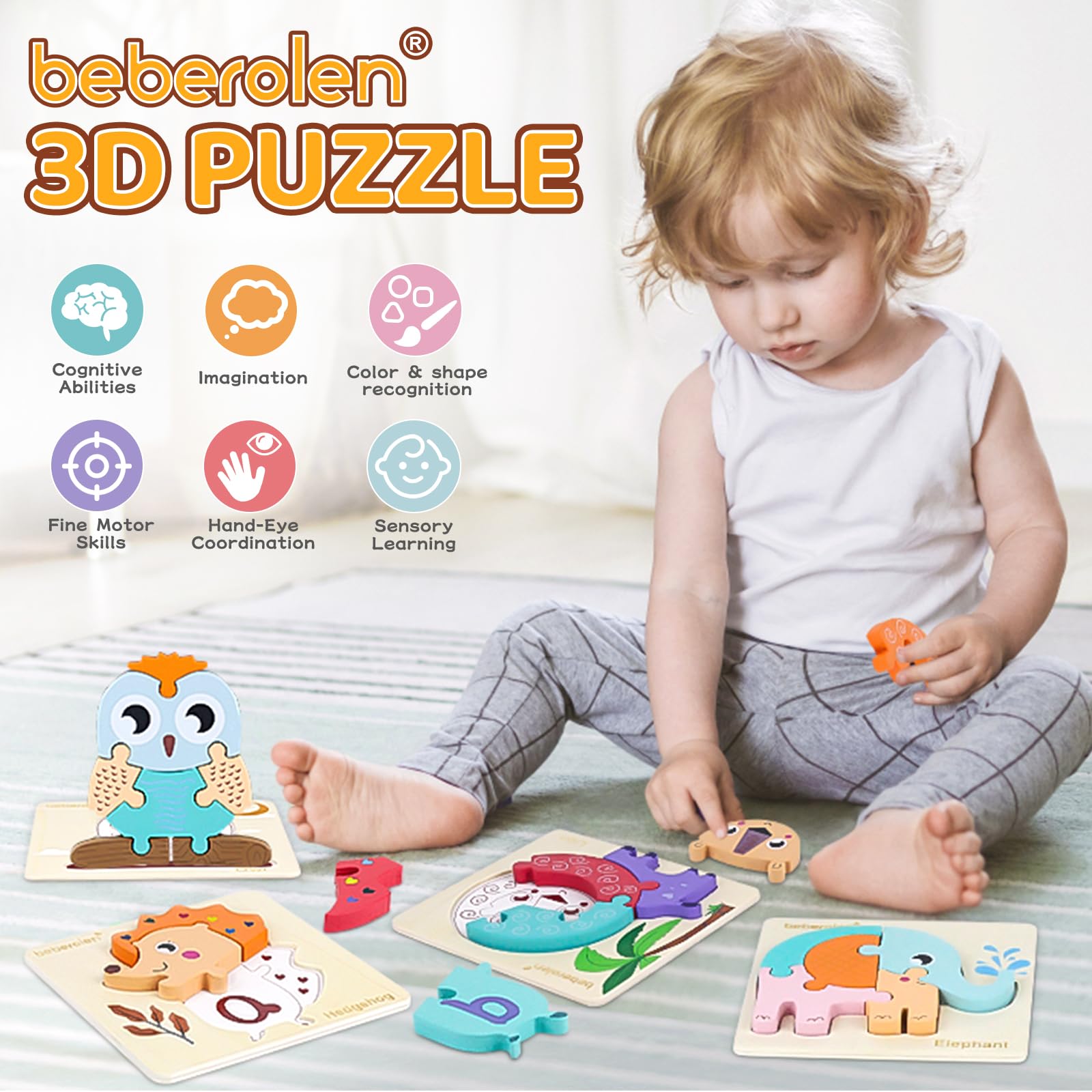 Beberolen Puzzle Legno per Bambini, Giocattoli Educativi Risveglio Montessori, Puzzle Animali 3D con Cornice, Regalo Compleanno Pasqua Halloween Natale Ragazzi Ragazze 1 2 3+ Anni
