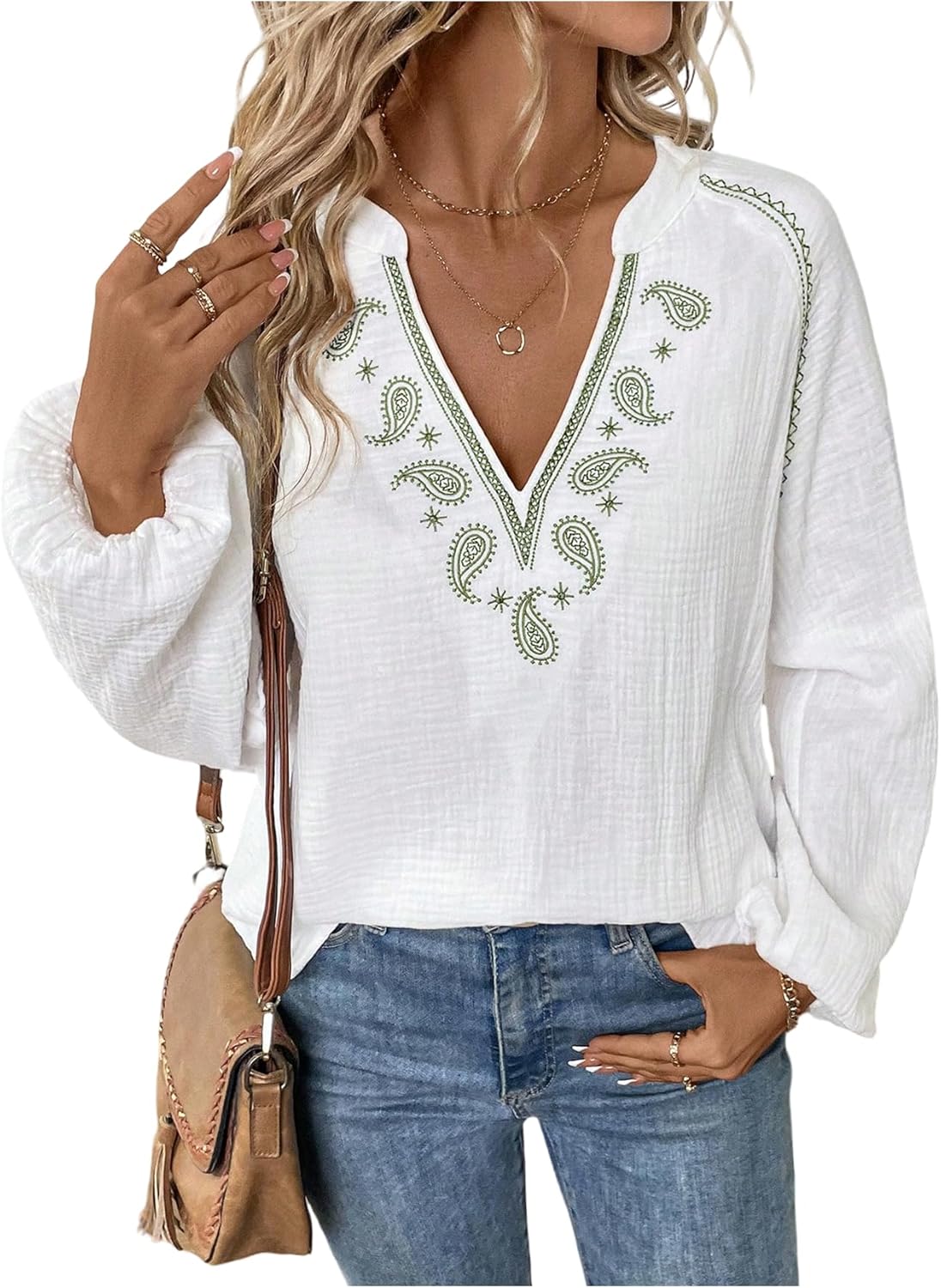 GORGLITTER Women's Boho Peasant Blouses Embroidered Bishop Long Sleeve Linen Shirt V Neck Casual Dressy Nashville Outfits
