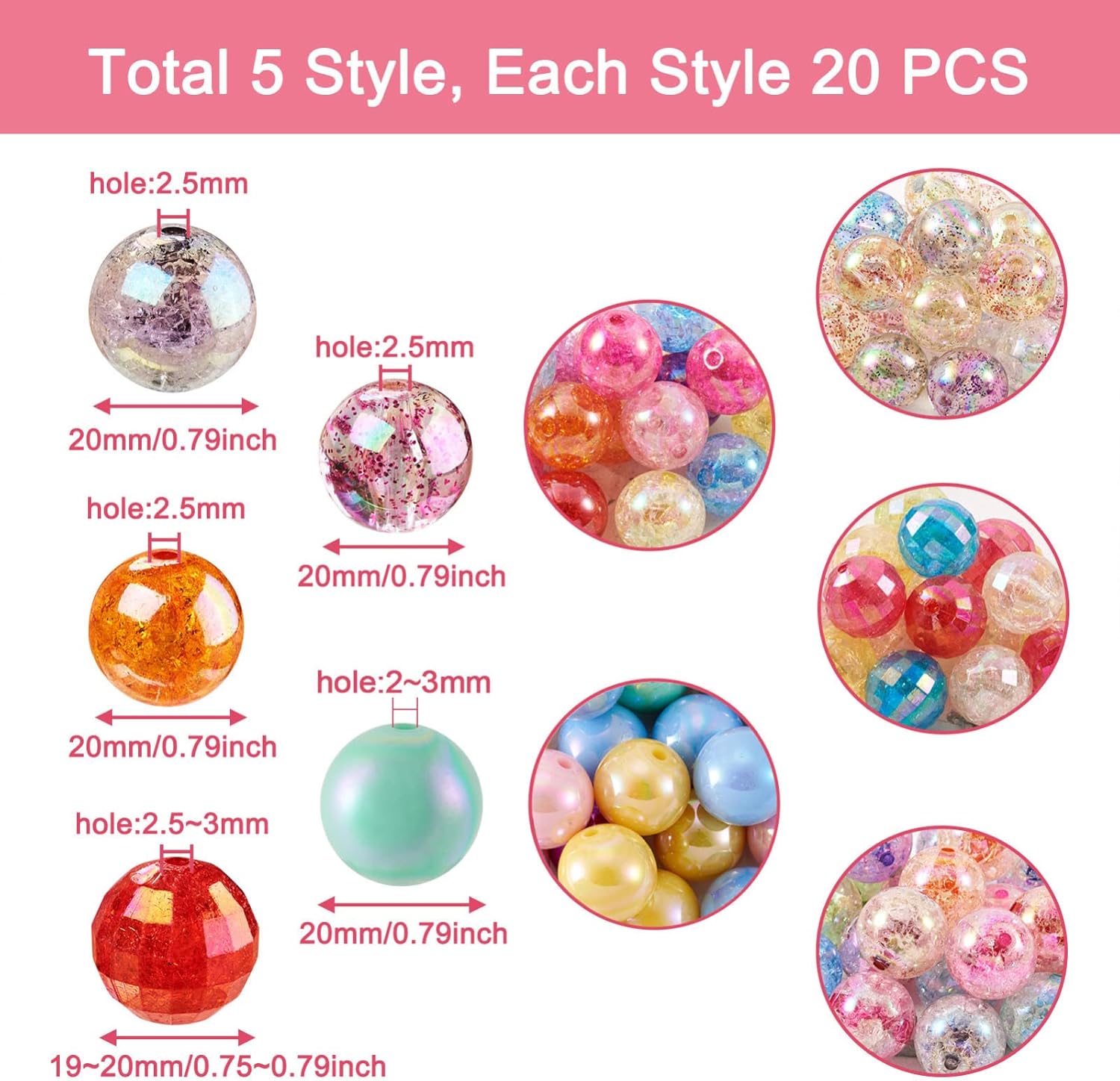 Craftdady 100Pcs 20mm AB Color Acrylic Bubblegum Beads 5 Styles Crackle Beads Faceted Beads Round Gumball Focal Beads Loose Spacer Beads for Pens Jewelry Making Party Decoration