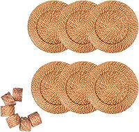 Conjunto 06 Sousplats em Rattan e Bambu e 06 Anéis Para Guardanapo Artesanal Rústico Mesa Posta