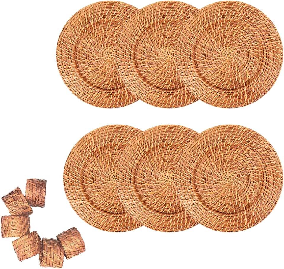 Conjunto 06 Sousplats em Rattan e Bambu e 06 Anéis Para Guardanapo Artesanal Rústico Mesa Posta