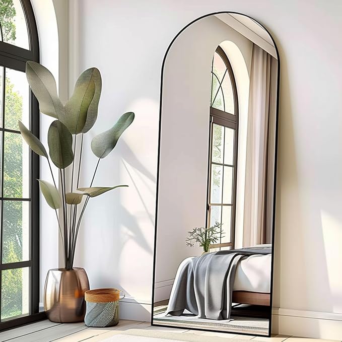 TinyTimes 71''x30'' Oversized Arched Full Length Mirror Large Full Body Floor Mirror with Stand for Hanging, Big Full Size Long Mirror with Aluminum Frame for Bedroom, Living Room (Black)