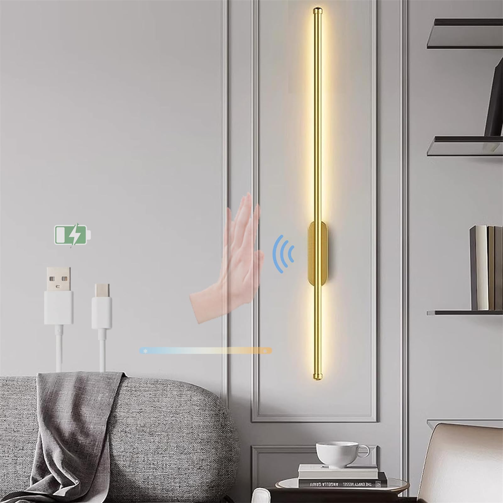 Lámpara de pared LED sin cables para evitar obras aplique recargable con sensor oro 8