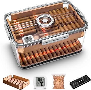 Cigar Humidor Transparent Acrylic Cigar Humidor with Spanish Cedar Shelf Cigar Storage Box with Hygrometer and Humidifier Capable for 80-100 Cigars Large