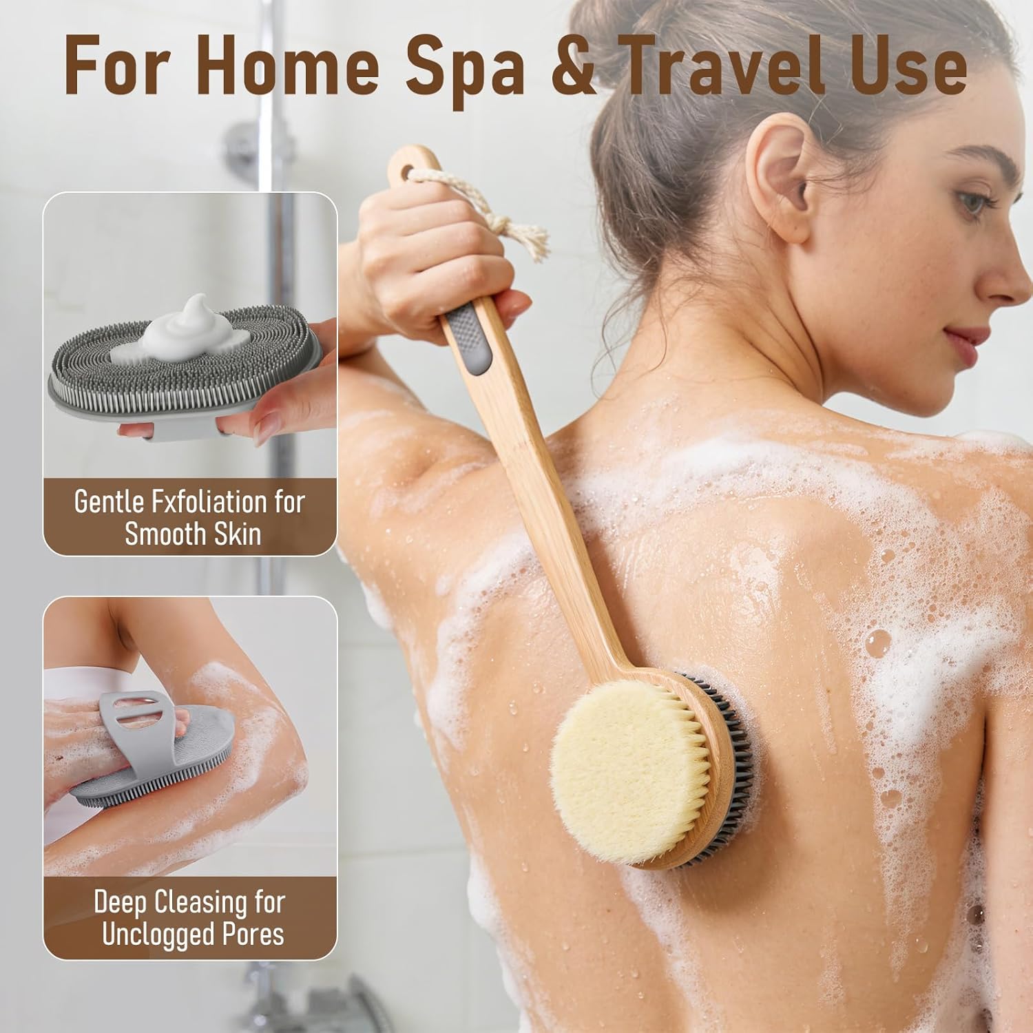 Back Scrubber for Shower + Body Scrubber 2 Pack - Dual Sided Silicone & Nylon Bristles Lather Well, Exfoliating Anti-Slip Wood Long Handle Back Scrubber Body Exfoliator for Wet/Dry Bath Brush Grey
