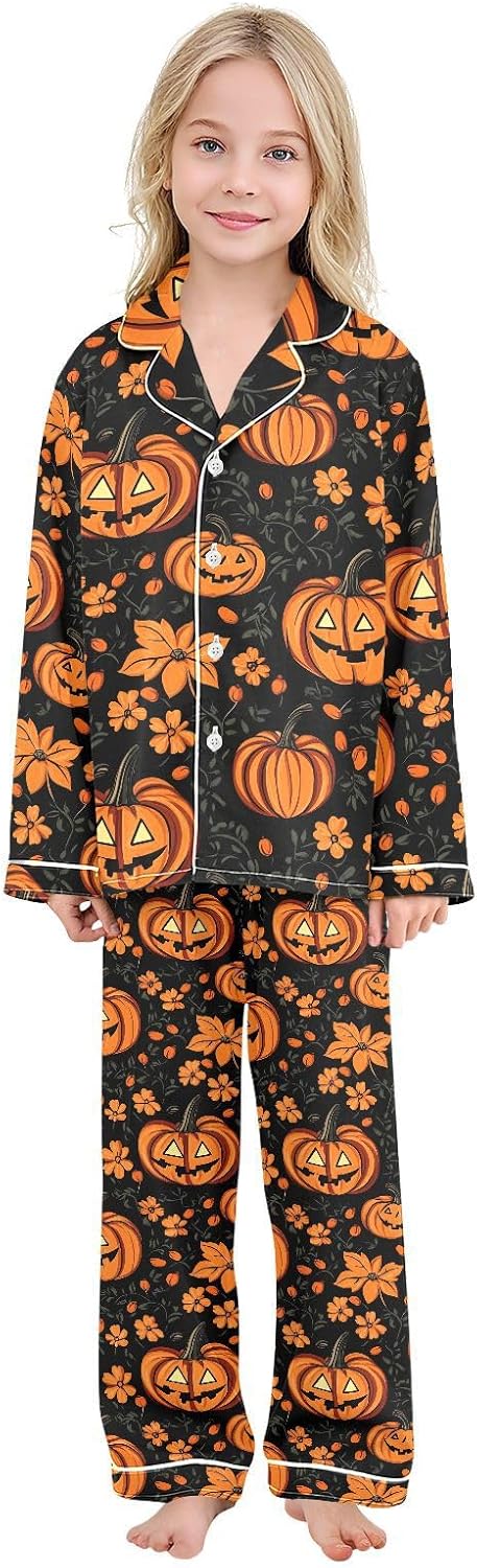 Pumpkin Flowers Halloween Satin Pajama Sets Long Sleeves Nightwear Button Down Sleepwear