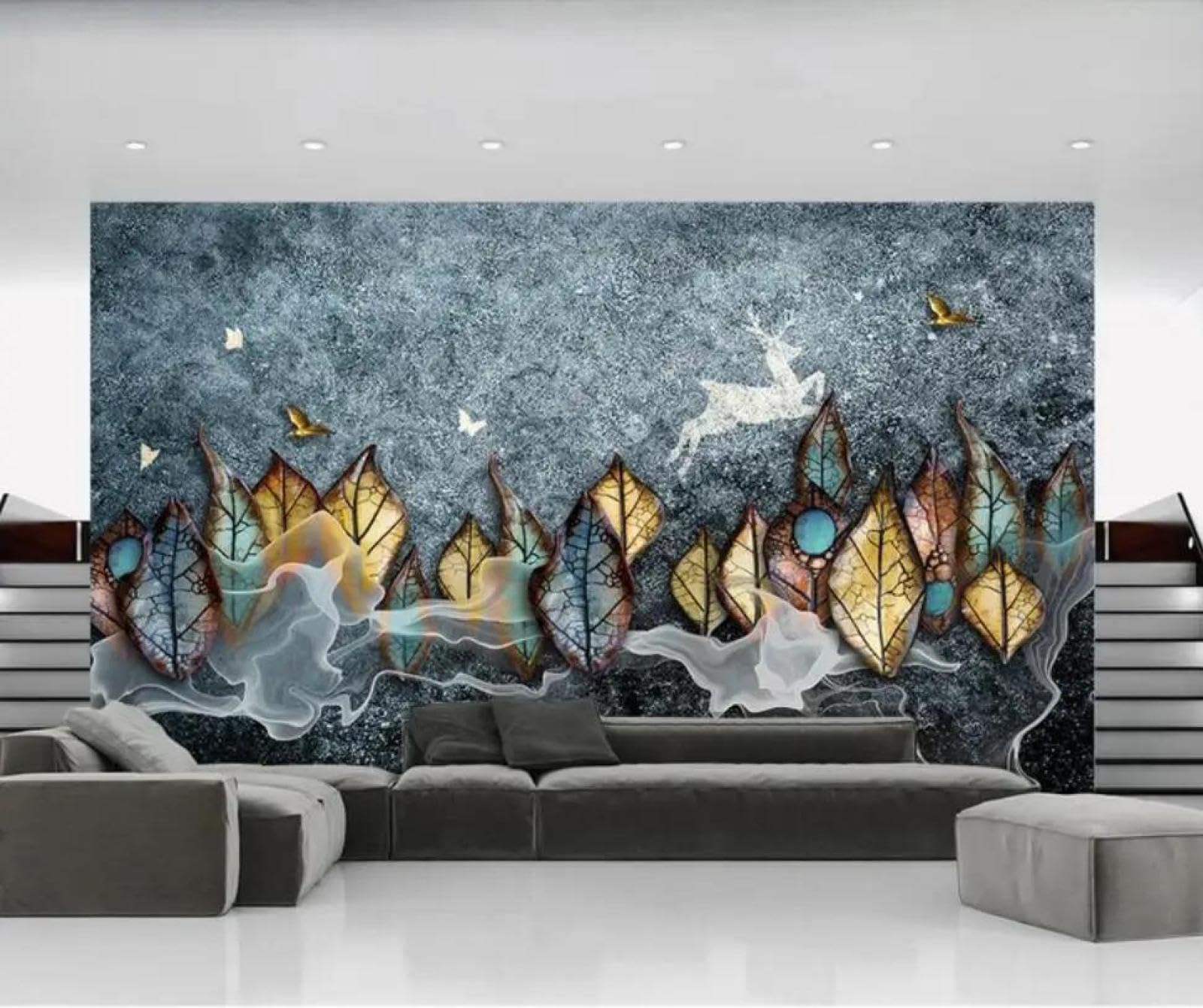 Papier peint feuilles 3D salon moderne et chambre douce