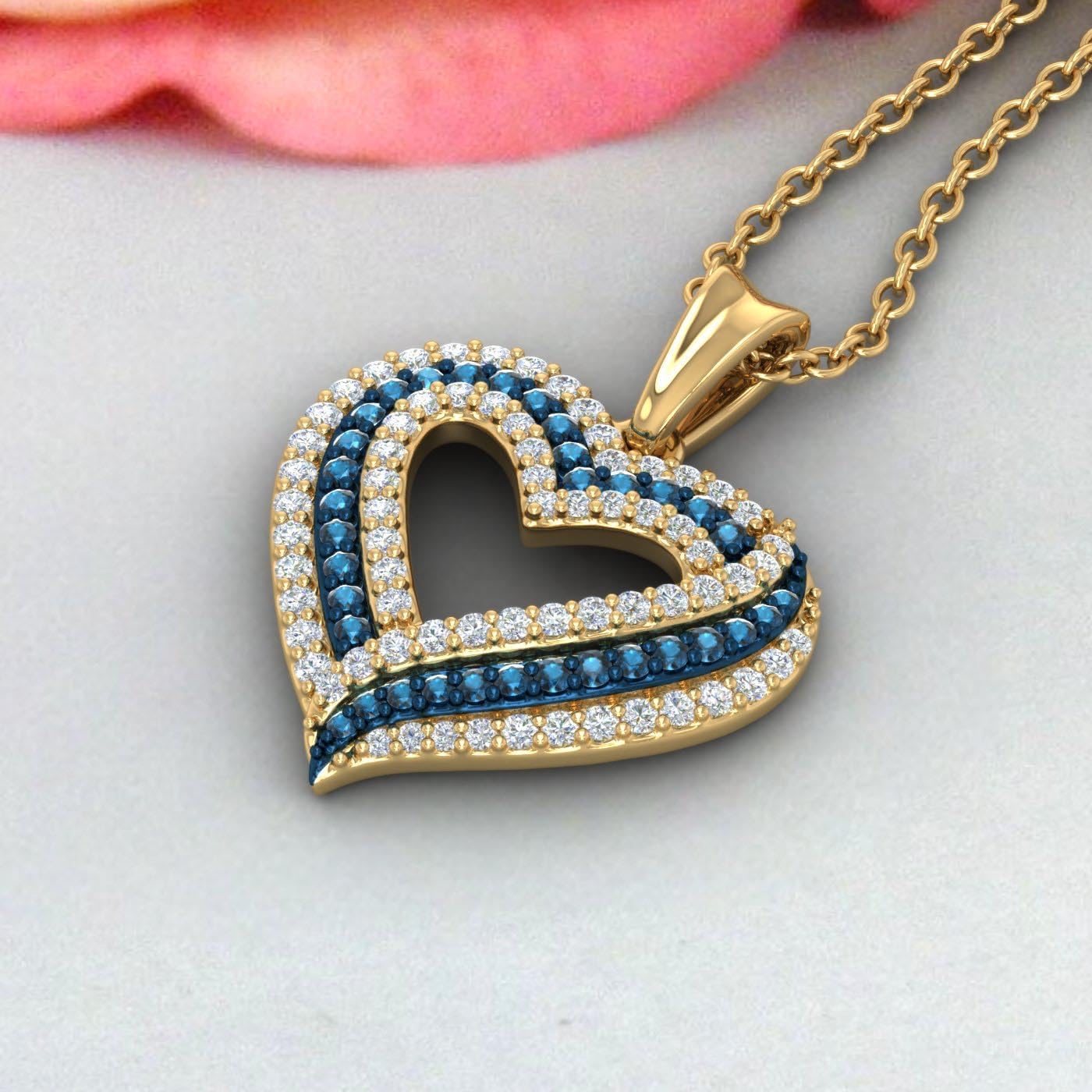 FINEROCK 1/2 Carat Blue Diamond & White Diamond Heart Pendant Necklace in 925 Sterling Silver or 18K Yellow Gold over Sterling Silver