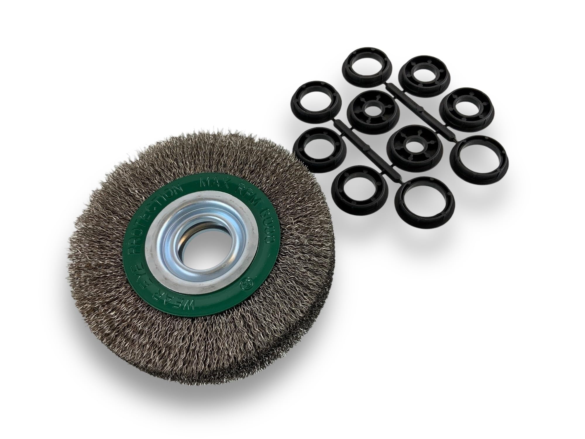 Brosse circulaire INOX | Ø 150 mm | Epaisseur 3 rangs | Fil dur 0.30 mm ondulé | Alésage 32 mm + réducteur bague 25/22/20/16/12 mm | Touret meuleuse affûteuse ponceuse | Kibros 235153IT