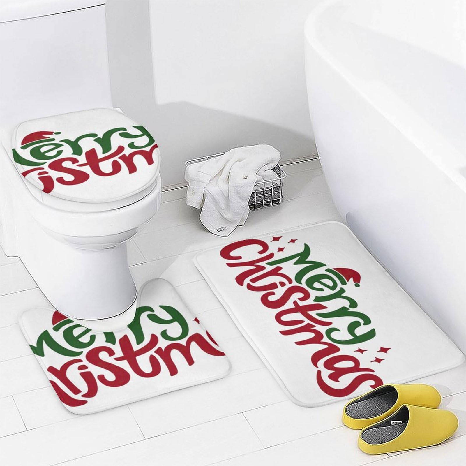 Feliz Navidad Baño de Cuatro Piezas Tappeto De Baño De Bambú, Antideslizante Y Lavable, Ideal para Ducha Y Baño Moderno 183×183cm