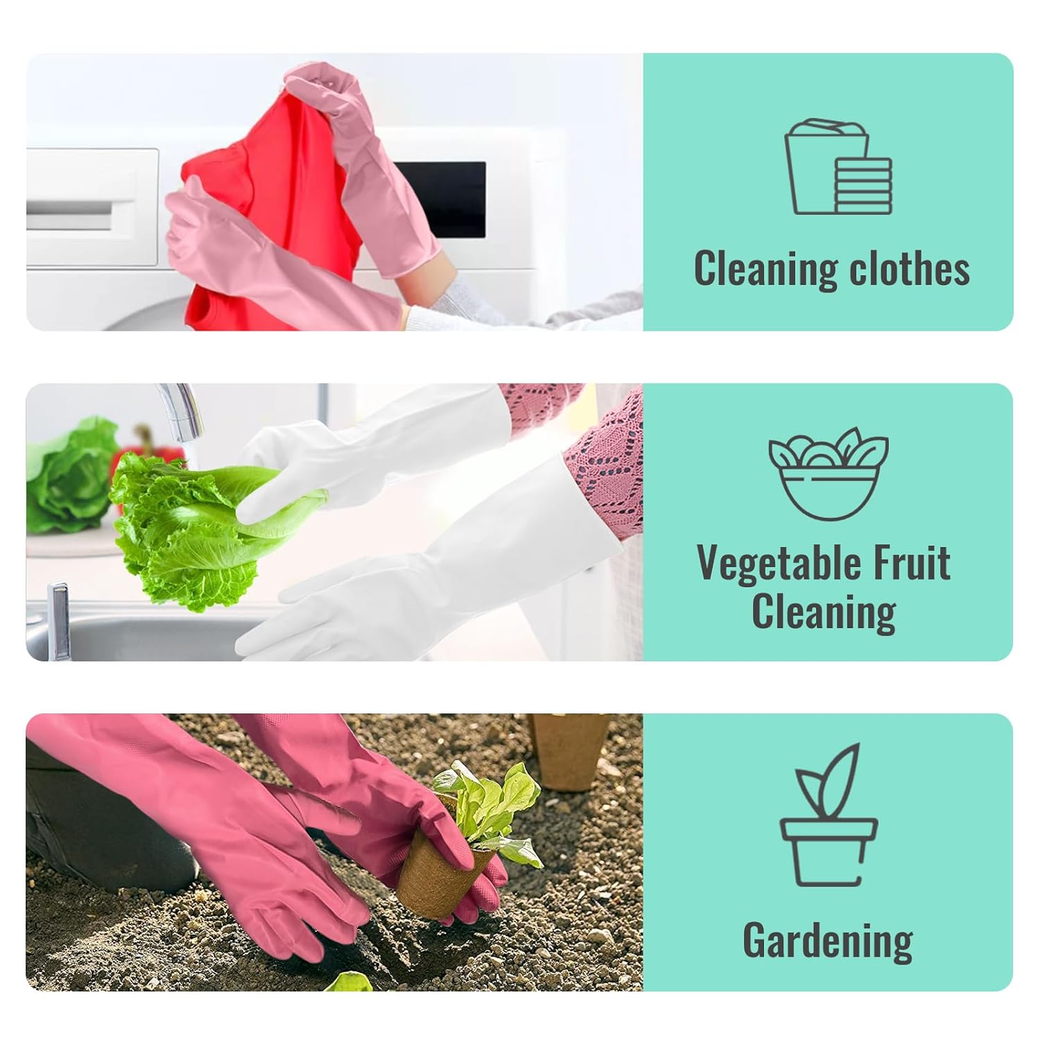 KAQ Reusable Rubber Cleaning Gloves: 4 Pairs Latex Free Non-Slip Household Kitchen Gloves for Washing Dishes