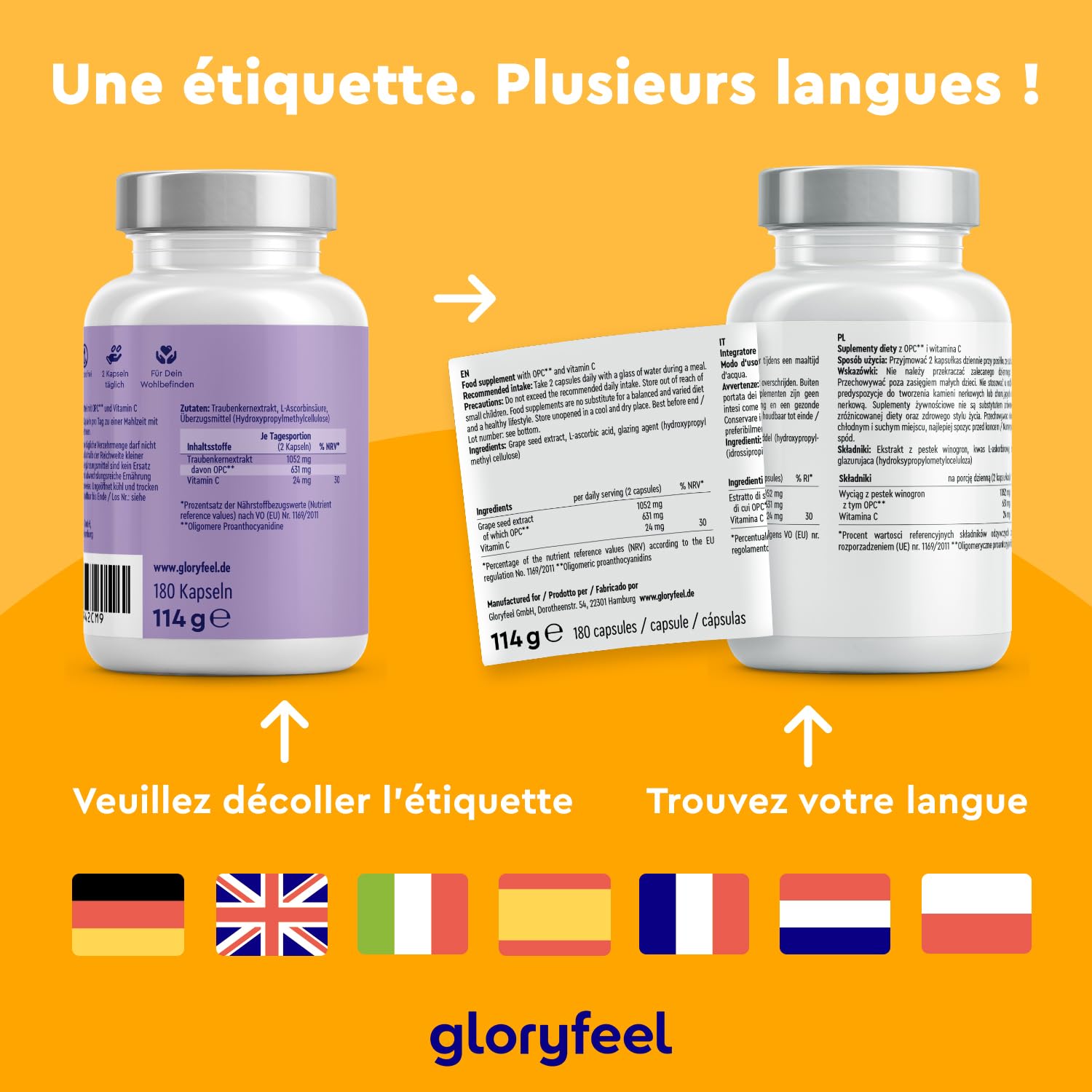 OPC 95% Extrait de Pépins de Raisin Resvératrol + Vitamine C, 1052mg d'OPC pur issu de Raisins Français - 180 Capsules Végétaliennes, Antioxydant Puissant, Proanthocyanidine Oligomérique