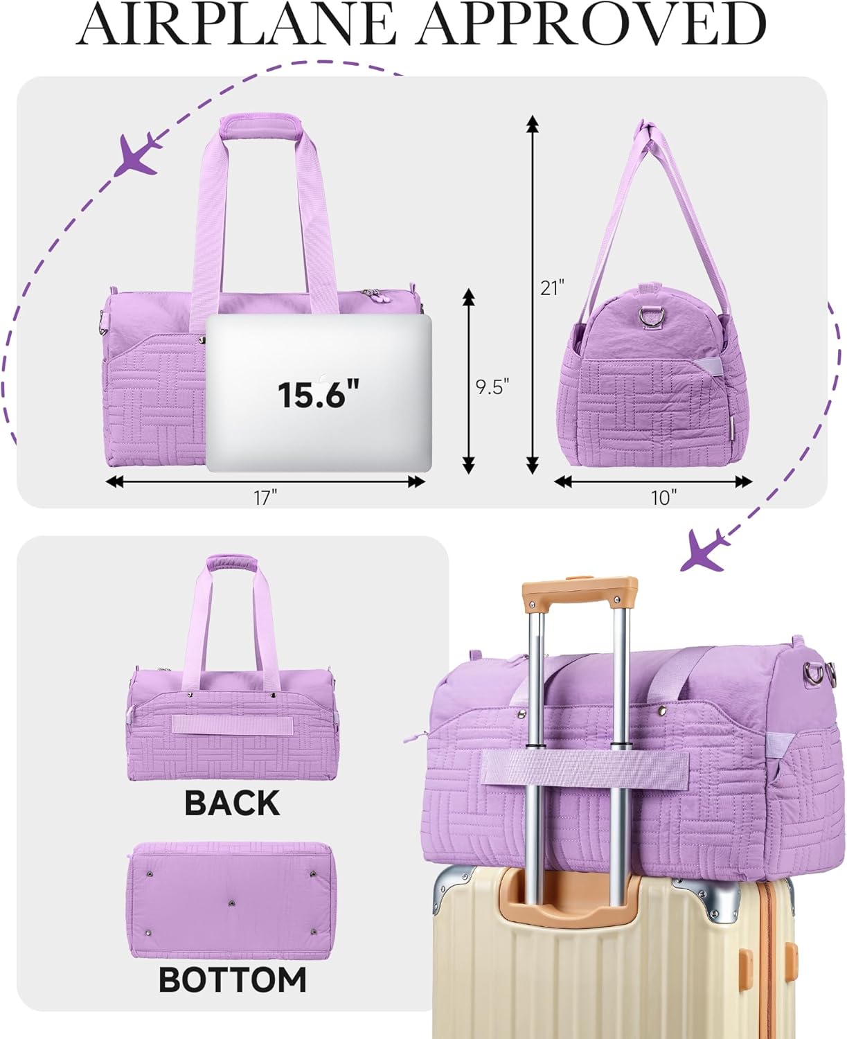 Travel Duffle Bag, Weekender Bags for Women, Quilted Carry On Tote Bags with Laptop Compartment for Travel, Gym, Yoga, Work, Overnight, Weekend, Water Resistant, Purple - Image 3