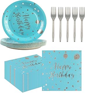 75PCS Happy Birthday Paper Plates and Napkins- Disposable 7IN Blue & Sliver Party Dessert Plates 6.5IN Napkins 6.3IN Plastic Forks Dinnerware Tableware for Home Birthday Party Decoration Serve 25
