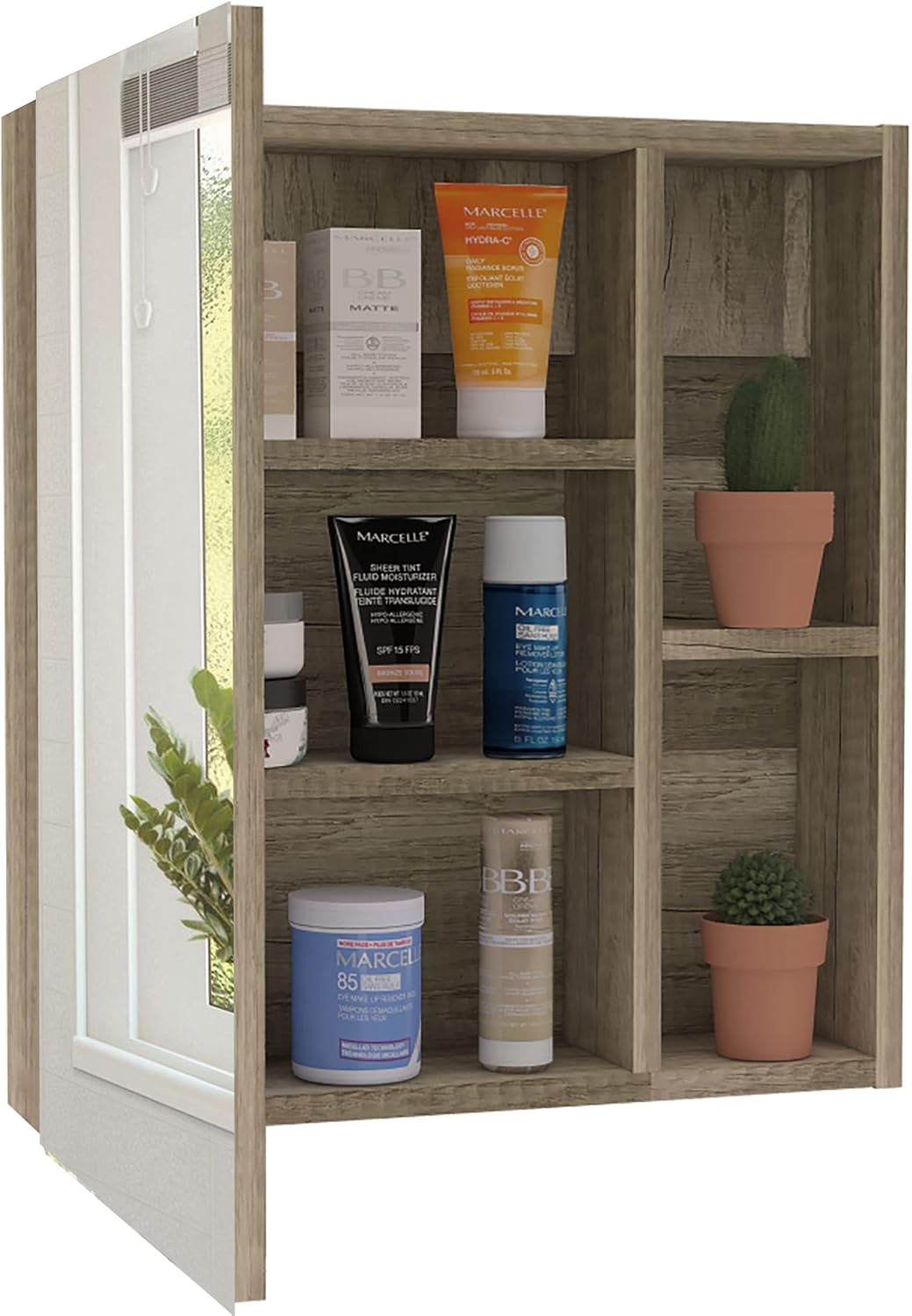 Medicine 19H Single Door Cabinet with Mirror, 5 Interior Shelves, Light Oak