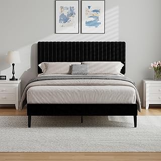 HOMBCK Polsterbett 140x200cm mit verstellbarem Kopfteil, Bettgestell mit gestepptem Design Kopfteil, Bettrahmen mit Lattenrost, kein Lattenrost erforderlich, Ohne Matratze, Samt, Schwarz
