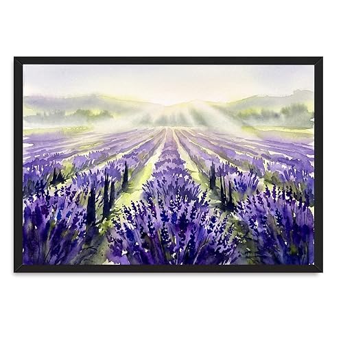 Lavender Field Watercolor Wall Art, Black Framed Canvas Print Landscape