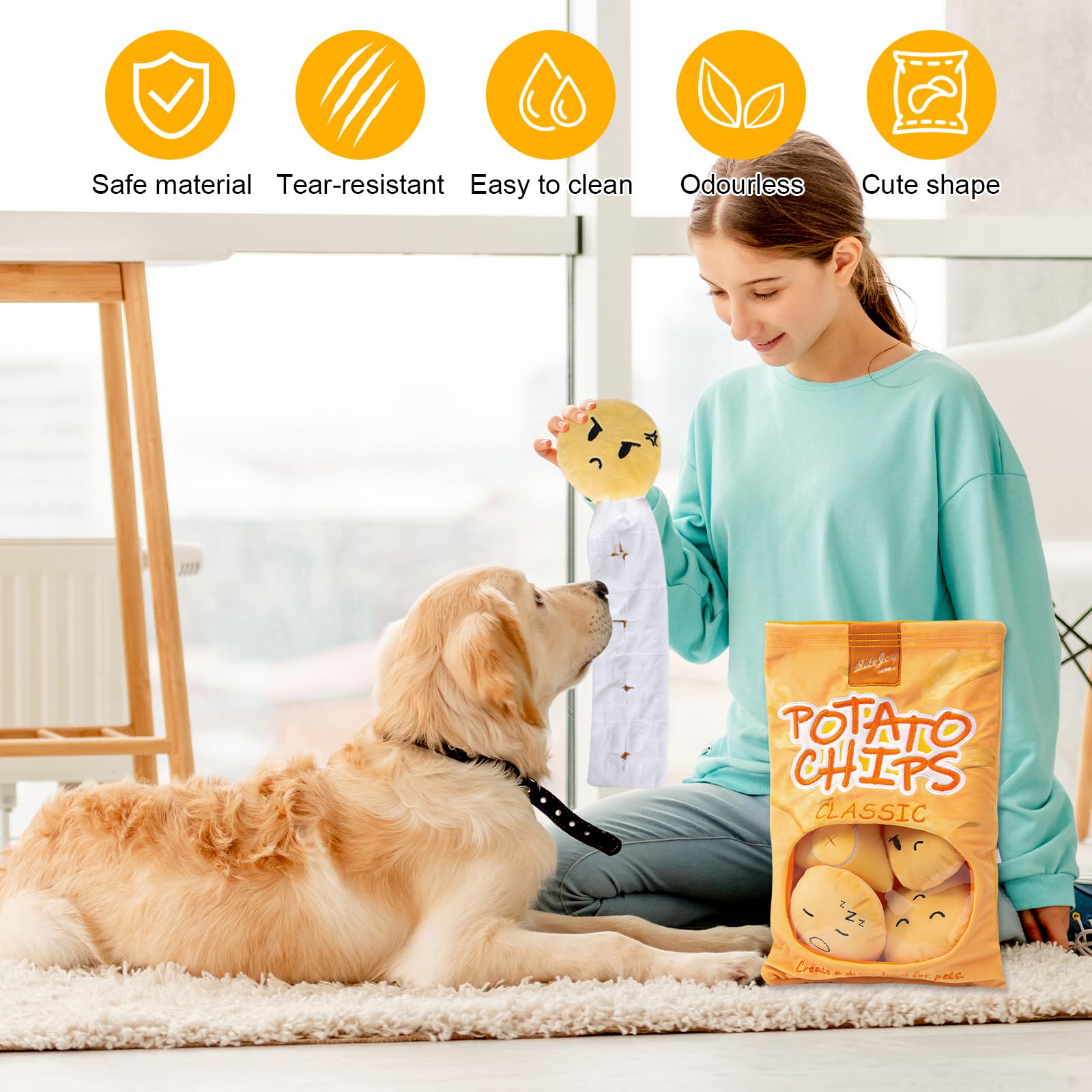 Snuffle Puzzle Zabawka dla pluszowego psa skrzypiące - wzbogacanie psa, stymulacja umysłu dźwiękiem BB dla umiejętności naturalnego żerowania - frytki i ziemniaki