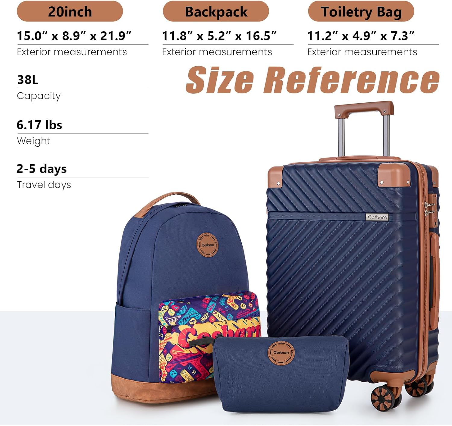 Cosbarn Carry On Luggage 22x14x9 Airline Approved, Hardside 20 Inch Carry on Suitcases with Wheels, Hard Shell ABS Lightweight Carry on Luggage Set, Travel Suitcase Set with TSA Lock, DarkBlue