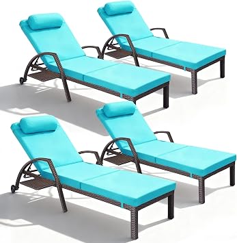 Patio Chaise Lounge Chairs Set of 4 Wicker Pool Lounge Chairs Outdoor with 5 Adjustable Back & Removable Cushion & Tray Tanning Chair Sun Loungers for Patio Poolside Deck Beach