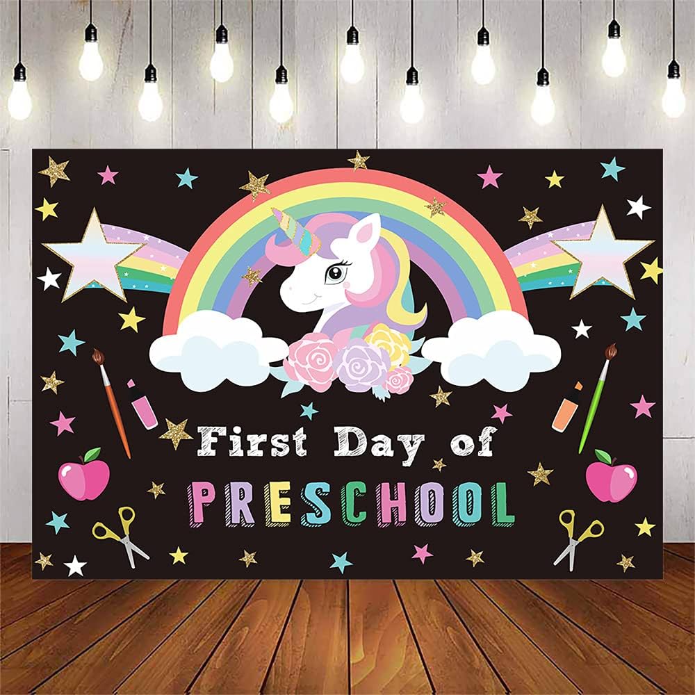 Avezano First Day of Preschool Backdrop Newborn Kids Go to School Photo Background Chalkboard Colorful Unicorn Banner First Day of Kindergarten Decorations (5x3ft)