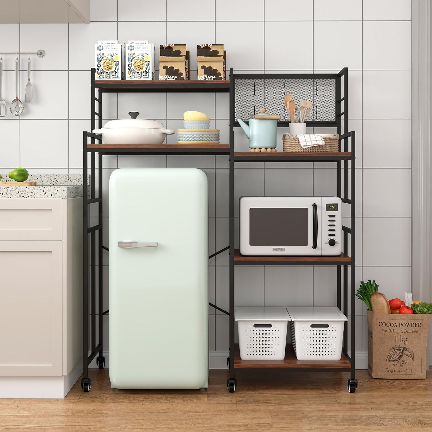 5-Tier Mini Fridge Cabinet with Storage Shelf, Industrial Style Coffee Bar Bakers Rack with Mini Fridge Space, Over Refrigerator and Microwave Stand, Mini Refrigerator Station for Dorm Kitchen